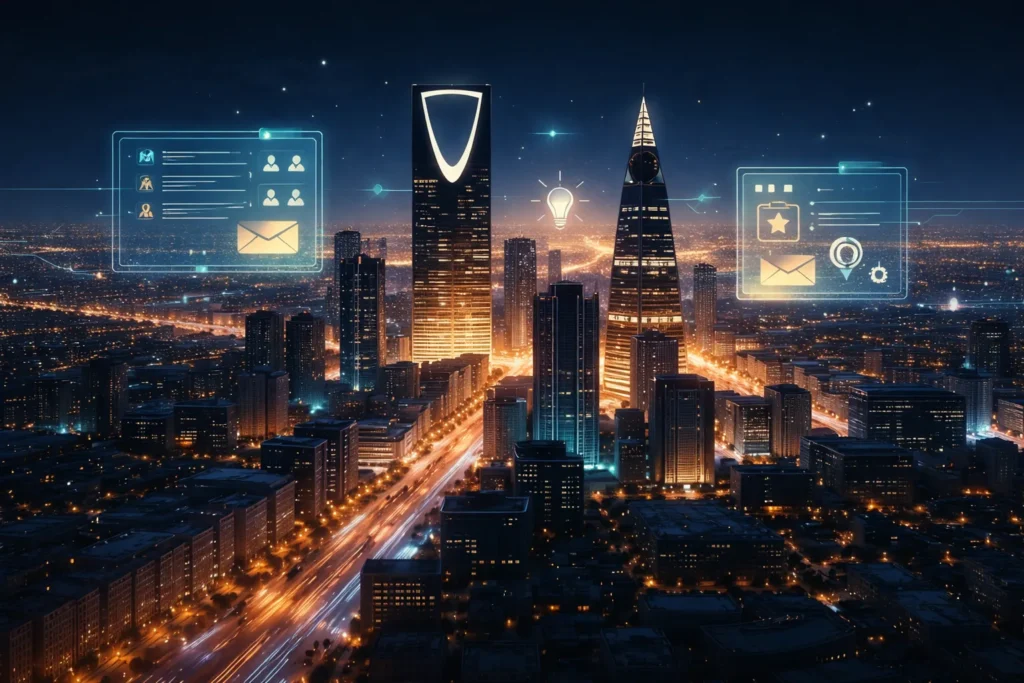 Top AI events in Riyadh 2026 — Riyadh skyline with technology and AI event elements